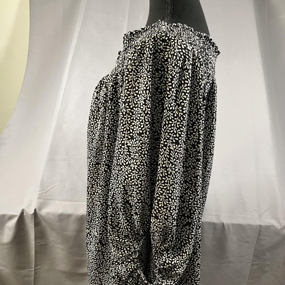 Black White Floral Blouse Womens XL Smocked Neck 3/4 Sleeve Pullover Top Casual - Picture 3 of 16